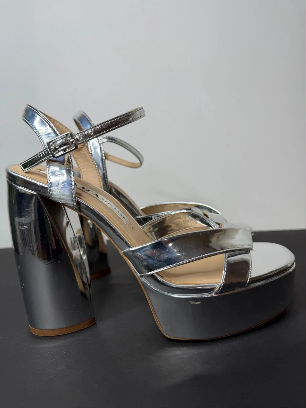 Zara Metallic Silver Platform Block Heels